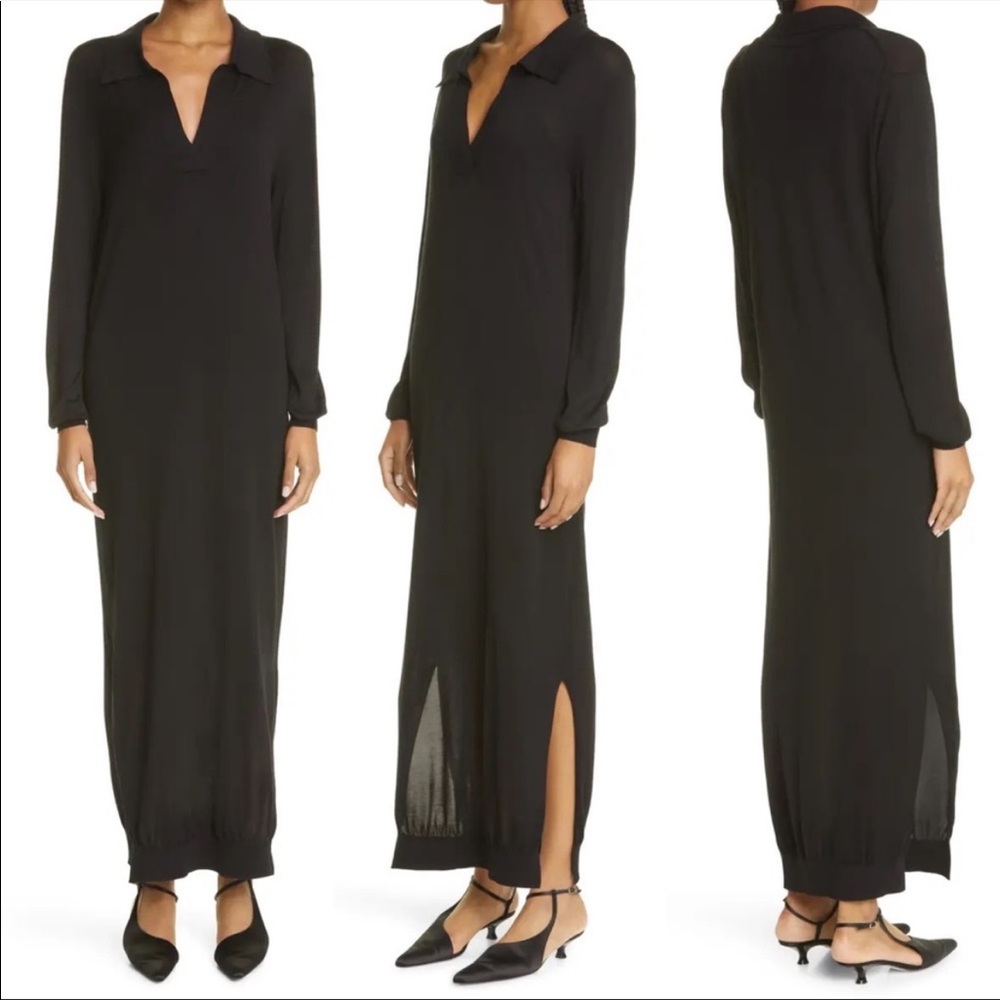 KHAITE Verena Long Sleeve Polo Stretch Silk Shirtdress in Large